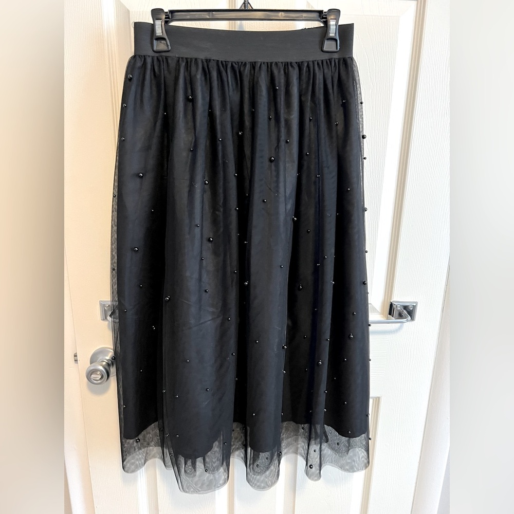 Tulle black beaded midi skirt
